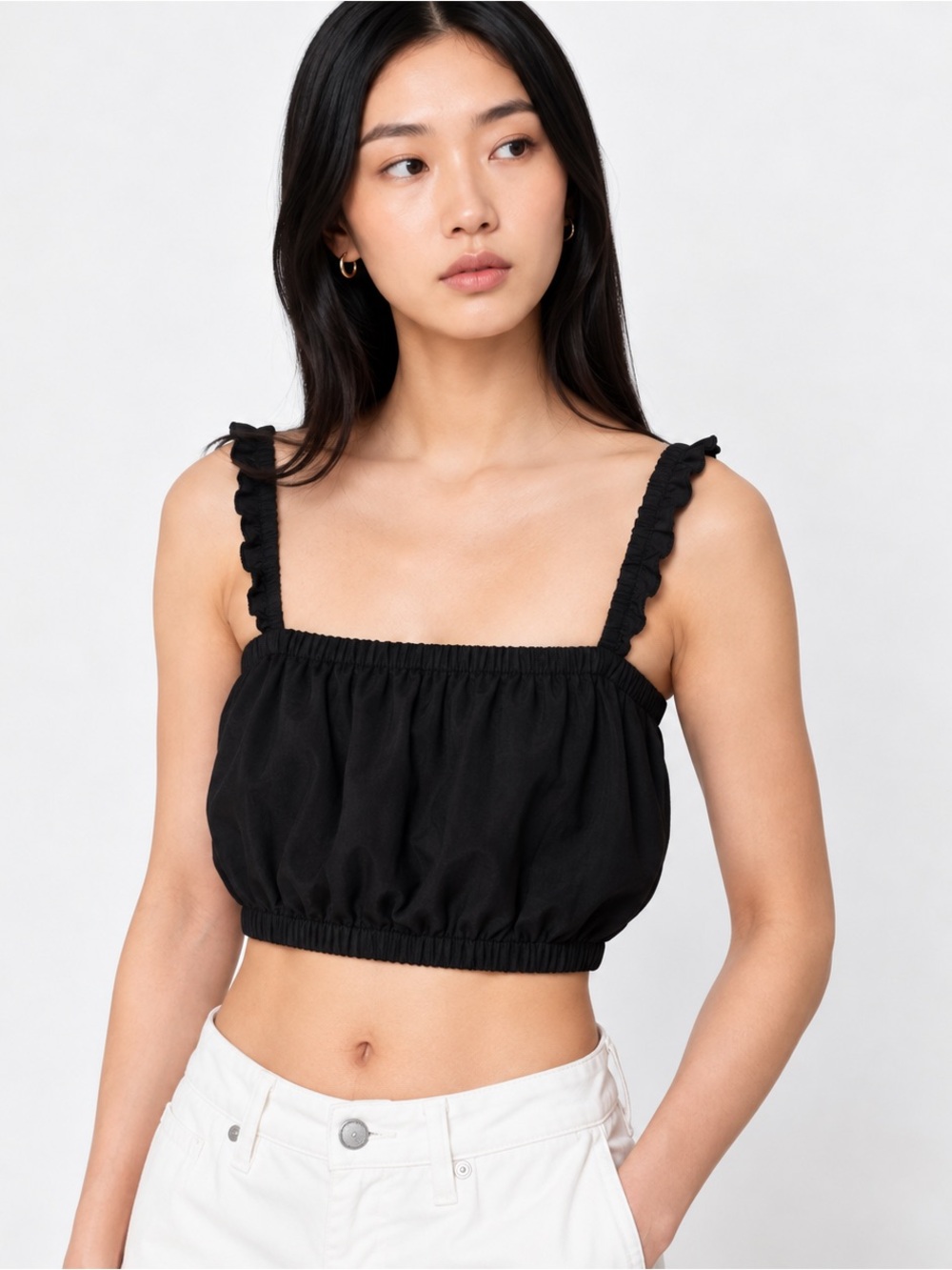 Aritzia Wilfred Amiens Ruffle Strap Crop Top Black Size Small